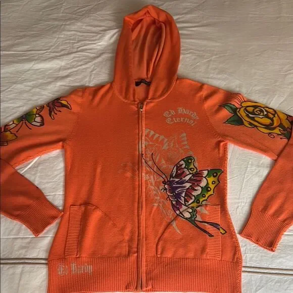 Ed Hardy by Christian Audigier Womans Zipped Hoodie with Butterflies. Size M. - Picture 1 of 13